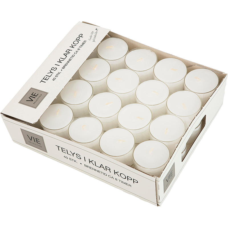 Bougies chauffe-plat Vie Selected, paquet de 40, 8 heures, coupelle transparente, cire blanche