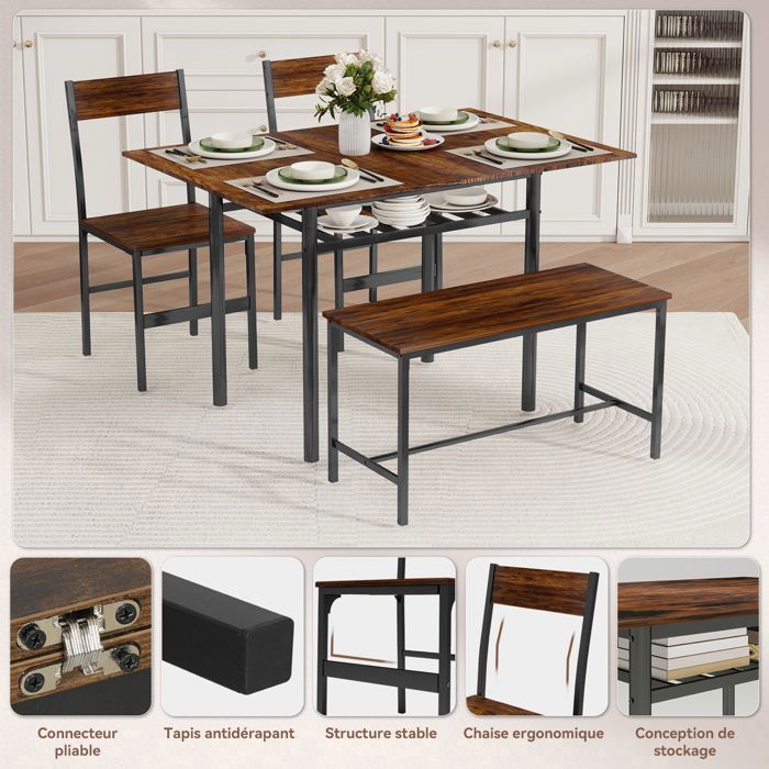 Juego de comedor con mesa, 2 sillas y banco, juego de comedor de 4 piezas, mesa de comedor extensible, marrón.