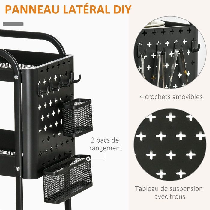 Carrito de almacenamiento - carrito de servicio - HOMCOM - 3 niveles, 2 bandejas para cubiertos, con ruedas - metal - 51,5 x 32 x 75,6 cm - negro