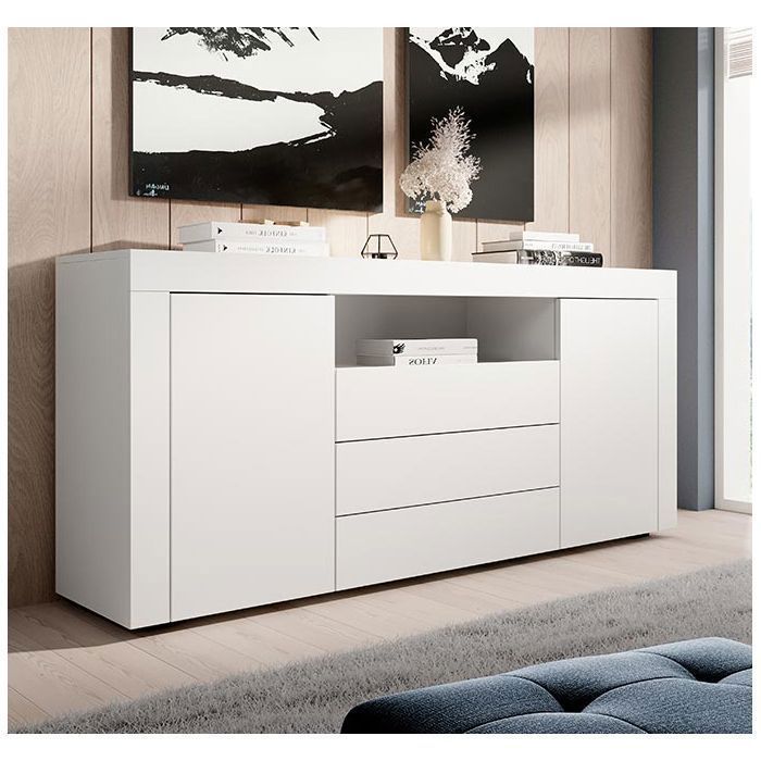 Buffet Bahut de Salon YANIS - 160 cm - 2 Portes et 3 Tiroirs - Enfilade Blanc Mat - Style Scandinave Moderne - Designameublement