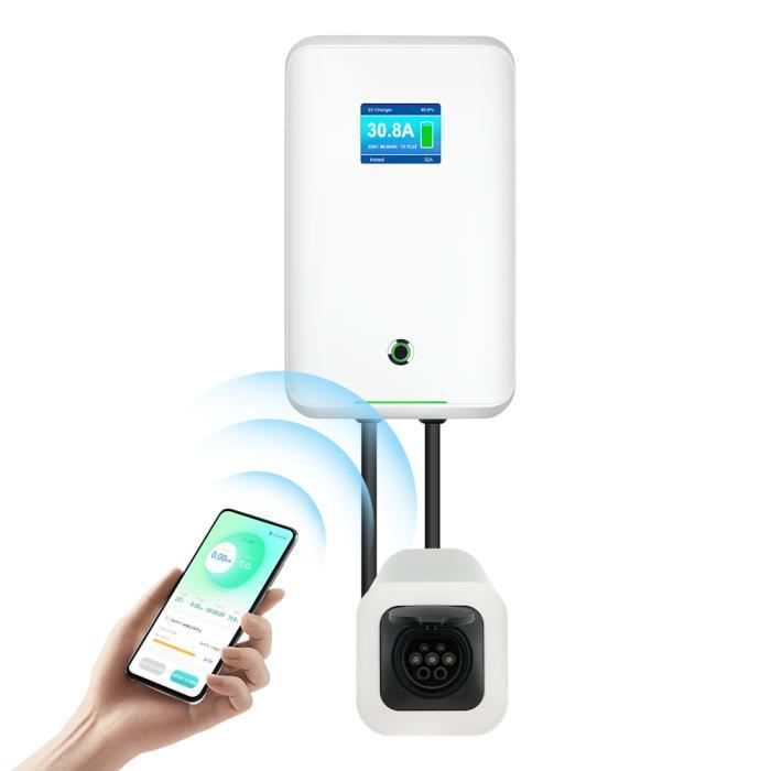 Estación de carga mural monofásica Morec de 7 kW y 32 A para vehículos eléctricos con conexión Bluetooth/Wi-Fi, toma de corriente tipo 2, cable de carga no incluido.
