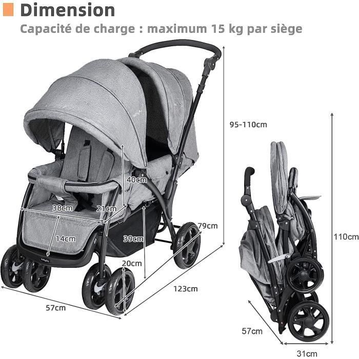 Giantex Poussette Double Tandem Pliable 0 Mois à 36 Mois, Guidon Réglable, Dossiers Inclinables, Repose-pied Ajustable