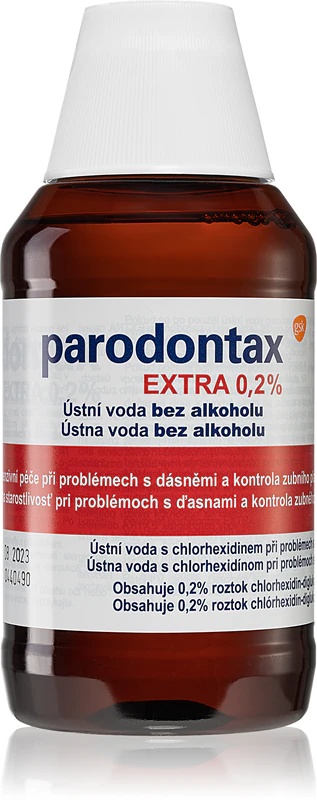 Parodontax Extra 0,2% bezalkoholisks mutes skalošanas līdzeklis, kas samazina aplikumu un uztur smaganas veselīgas
