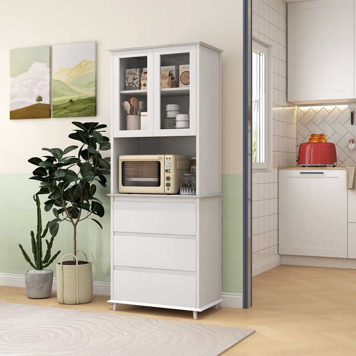 Aparador de cocina HOMCOM, mueble de almacenamiento con 2 puertas, 3 cajones y un nicho central, dimensiones 68 cm de largo x 38 cm de ancho x 172 cm de alto, MDF blanco.