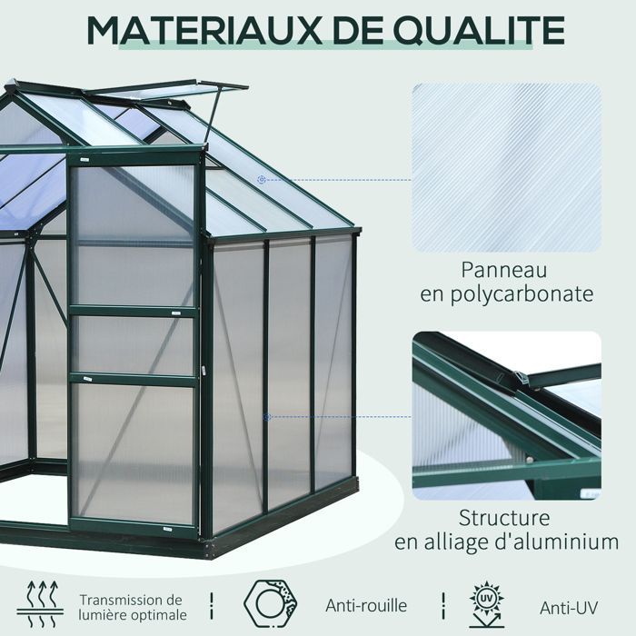 Invernadero de policarbonato para jardín - Outsunny - Resistente a los rayos UV 30+ - con base reforzada - 190 x 192 x 201 cm - Verde oscuro