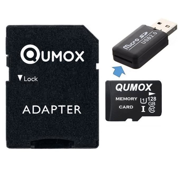 Cartão Micro SD Qumox de 128 GB, 80/40 MB/s, 128 GB (genuíno, sem corrupção de dados) + Leitor USB de Micro SD, 100% genuíno, Classe 10.