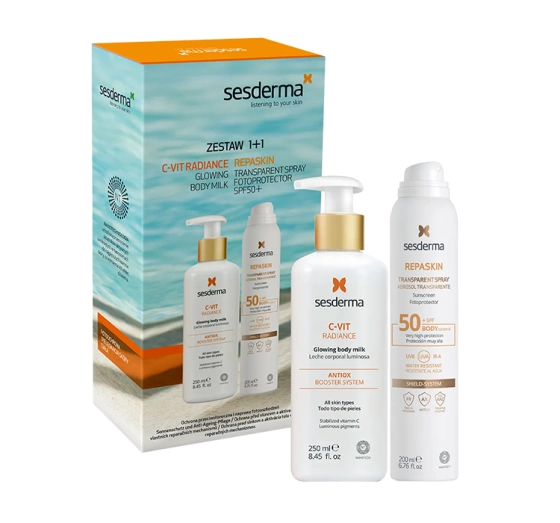 Sesderma zestaw kosmetyków spray ochronny SPF50 Repaskin 200 ml   mleczko do ciała C-Vit Radiance 250 ml