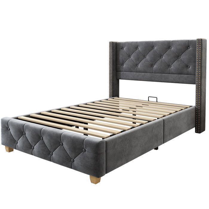 Cama individual tapizada - TKOPY - Cama infantil de 90x200 cm, cama juvenil con somier de láminas, terciopelo gris