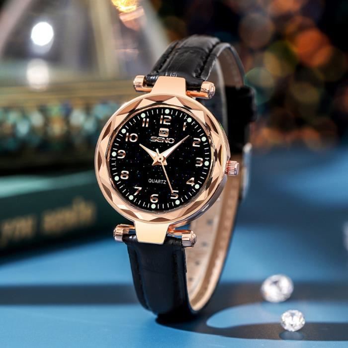 Reloj de cuarzo de moda para mujer SHARPHY con correa de cuero negro de alta calidad, resistente al agua, regalo elegante.