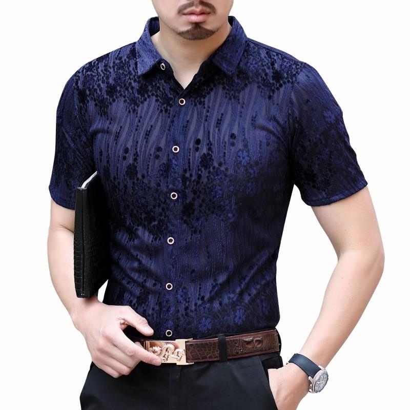 Camisa Hombre Hawaiian Man Shirt Camicia Uomo Camisa Social Fashion Streetwear Shirt Transparent Short Sleeve Velvet Shirt