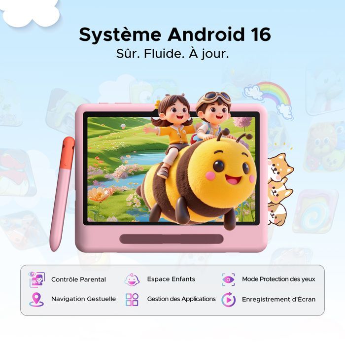 POCKAM P10 Kid 10,1-inch tablet, Android 16, tablet met toetsenbord, muis, koptelefoon, 32GB+64GB, 7000mAh, 5G WiFi - Roze