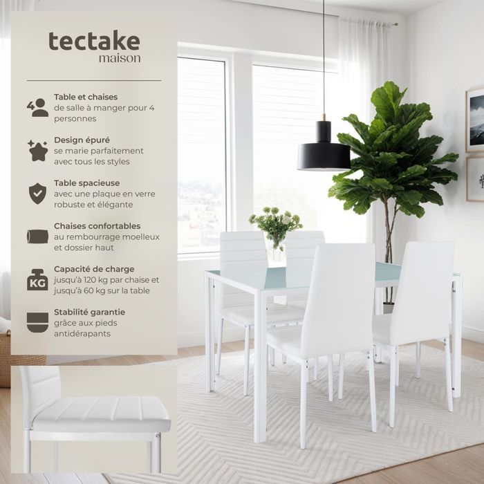 Eettafel met stoelen - TECTAKE - BERLIN eethoek met 4 gestoffeerde stoelen met kunstlederen bekleding - Wit