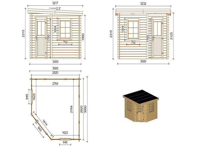Gartenhaus aus Holz – 8 m² – 3 x 3 m – 28 mm dick – Farbe: Natur – DOM665