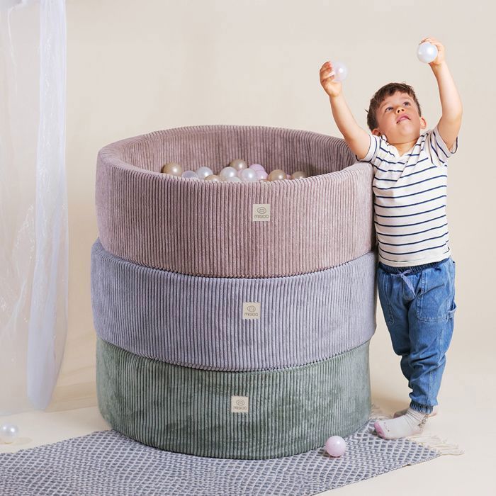 MISIOO Round Corduroy Ball Pit for Baby and Children's Room, Pink, 90x30 cm, 200 Balls: Blue/Gold/Pearl White