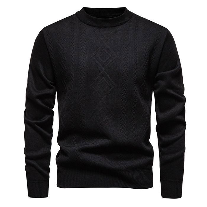 Men's Warm Knitted Fleece-Lined Crew Neck Casual Pullover Jacquard Regular Fit Solid Color for Autumn Winter - Black