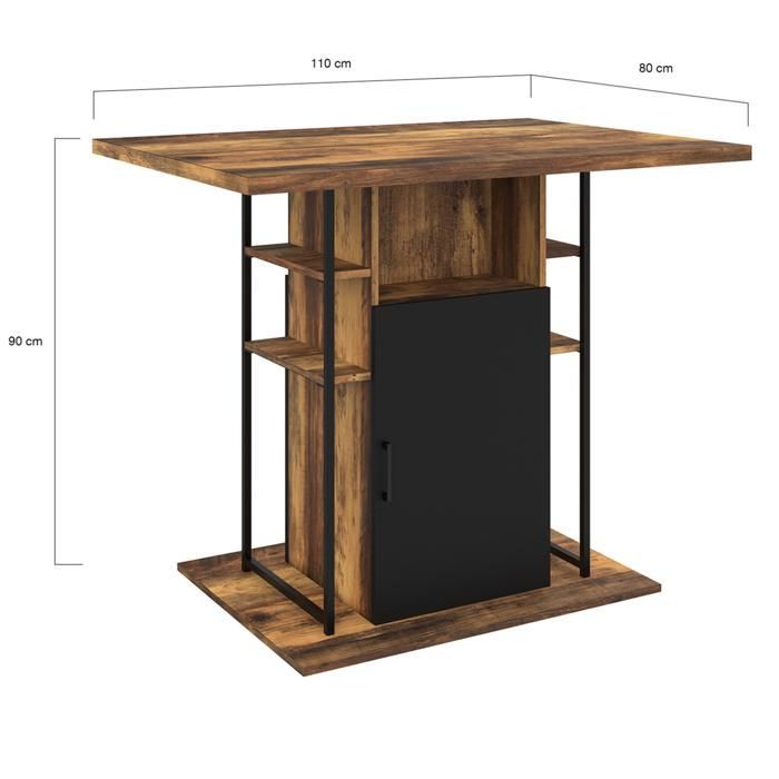 Isla central IDMARKET UGO de 110 cm en madera negra y efecto madera oscura de HAWKINS con almacenamiento de diseño industrial.