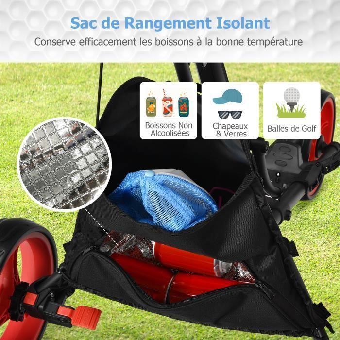 Carrito de golf plegable de 3 ruedas COSTWAY con correa elástica, soporte ajustable para paraguas y portavasos, bolsa con revestimiento de aluminio, color rojo.