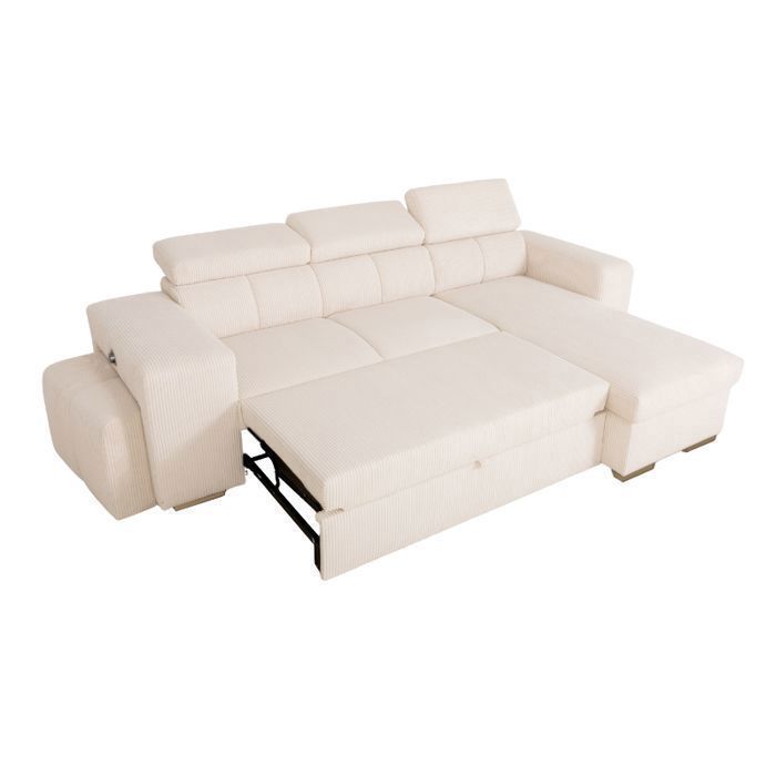 Sofá cama esquinero reversible SIRIUS, blanco PERLE (pana) - Talla M - 4/5 plazas - 251 x 165 x 94 cm