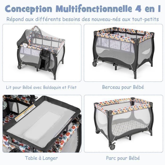 Berço portátil dobrável 5 em 1 COSTWAY para bebês, com colchão, brinquedos pendurados, caixa de música, capota removível, 2 rodas, 0-3 anos, 15 kg, colorido.