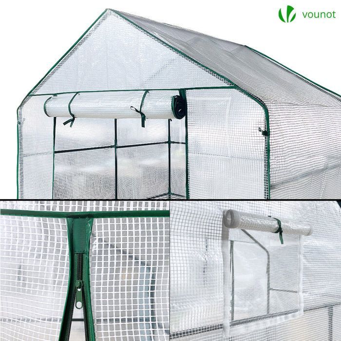 VOUNOT® Serre de jardin avec étagères 143x143x195cm blanc - bâche renforcée 135g/m² - fenêtre moustiquaire - porte enroulable