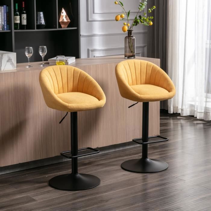 Wahson Tabouret de Bar Lot de 2 Chaise Bar Haute en Tissu avec Repose-Pieds Tabourets Hauts pour Bar-Cuisine (Jaune)