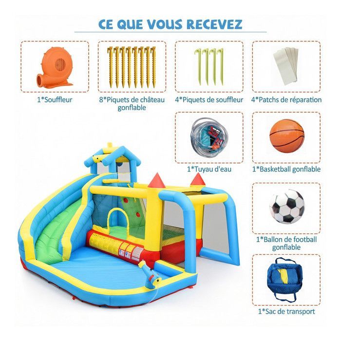 Château Gonflable 5 en 1 Enfants 3-10 Ans, Structure Gonflable avec Toboggan, Panier Basket, Aire Saut, 364×315×239 cm-Oxford Bleu