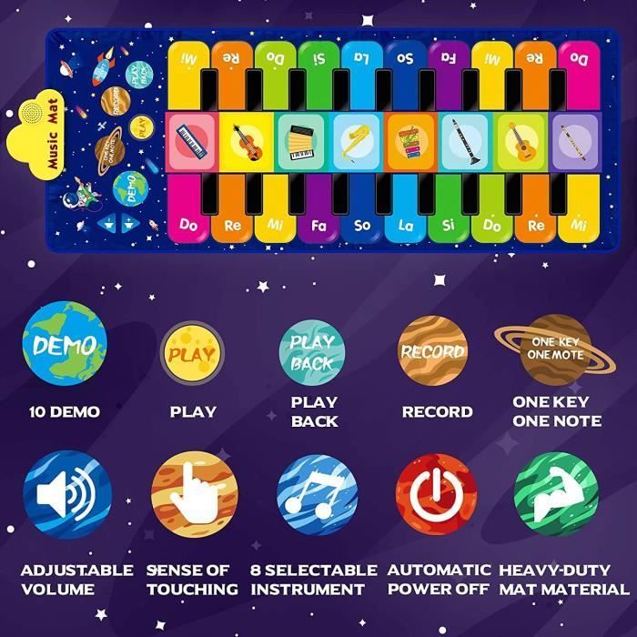 Tapis Piano Enfant, Ciel Étoilé Tapis Musical Jouets Éducatifs avec 8 Instruments, 10 Chansons et 20 Touches, 120 x 48 cm