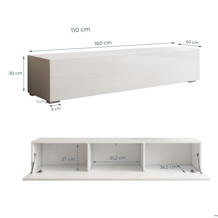 Meuble TV avec pieds pour Salon | 1 Porte avec 3 Compartiments | Couleur Blanc | L 160 x P 40 x H 32 cm | Modèle Nora H2
