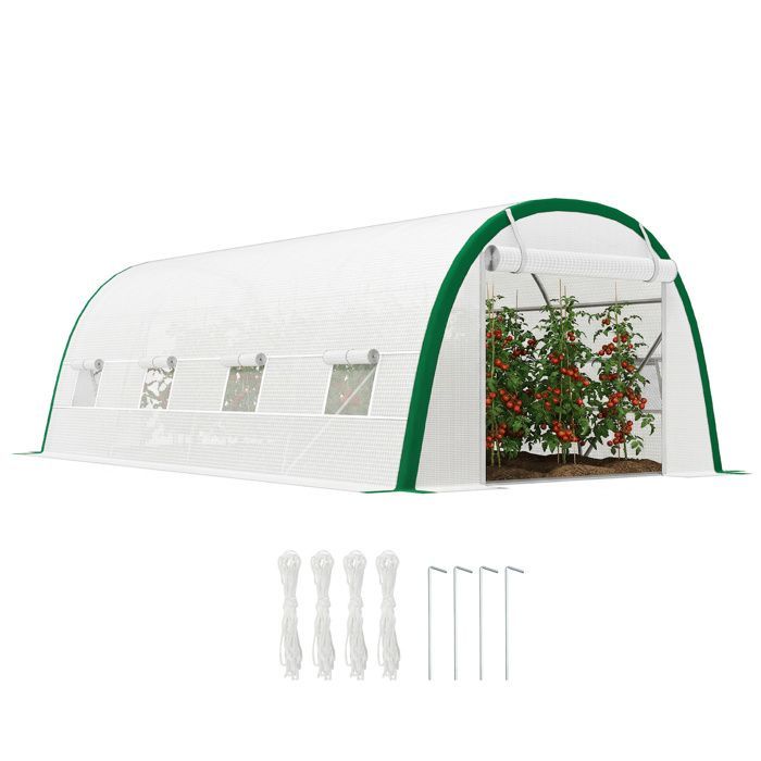 Serre de jardin tunnel - Outsunny - 18 m² serre tomates 8 fenêtres porte zippée acier galvanisé - PE - 6x3x2m - blanc