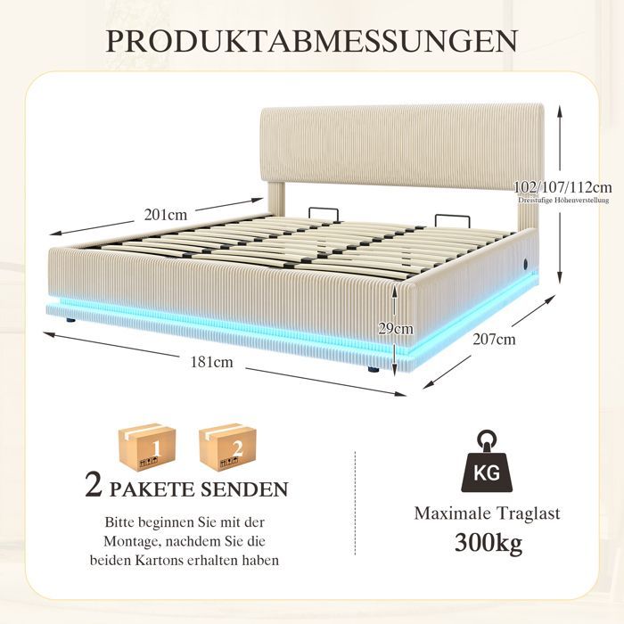Cama con almacenamiento de 180x200 cm - con almacenamiento integrado, iluminación LED y carga USB-C, cabecero ajustable, base de láminas incluida - Pana - Beige