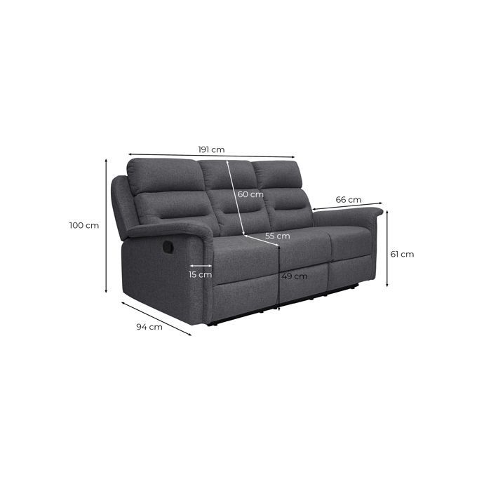 Sofá reclinable de 3 plazas LÉON en tela gris - Gris claro - 191 x 94 x 100 cm - LOUNGITUDE