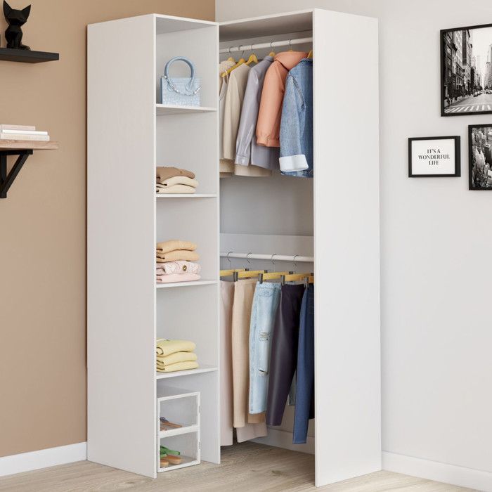 IDMARKET Dressing d'angle modulable L. 90 / 127 cm MELMAN double penderie + étagères blanc