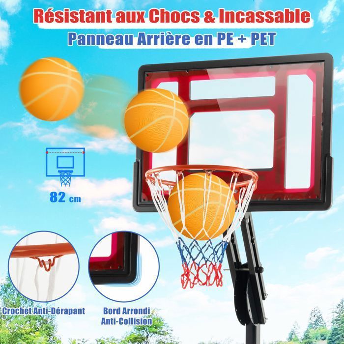Aro de baloncesto independiente COSTWAY, altura ajustable de 105 a 260 cm, tablero de 82 cm, 2 ruedas, base rellenable de 35 L, balón y bomba incluidos.