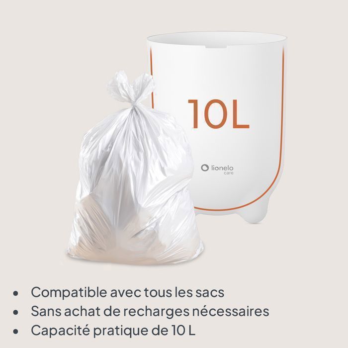 Cubo de pañales Lionelo Purebin - Hermético - 10L - Bolsas universales - Fácil de usar con una sola mano - Blanco