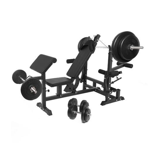 „Gorilla Sports“ universalus treniruočių stovas su 100 kg vinilo svarmenų rinkiniu