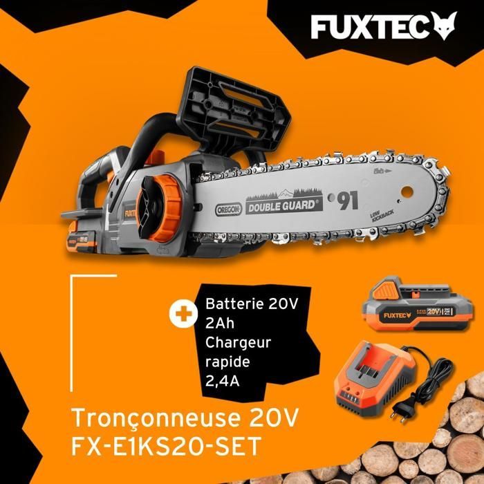Motosierra a batería FUXTEC FX-E1KS20 - 20 V, barra guía de 10 pulgadas, batería de 2 Ah y cargador de 2,4 A.