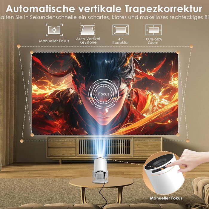 Trahoo Mini proiettore portatile - Supporto 8K - Android 14 - WiFi 6 - Bluetooth 5.4 - Correzione trapezoidale automatica