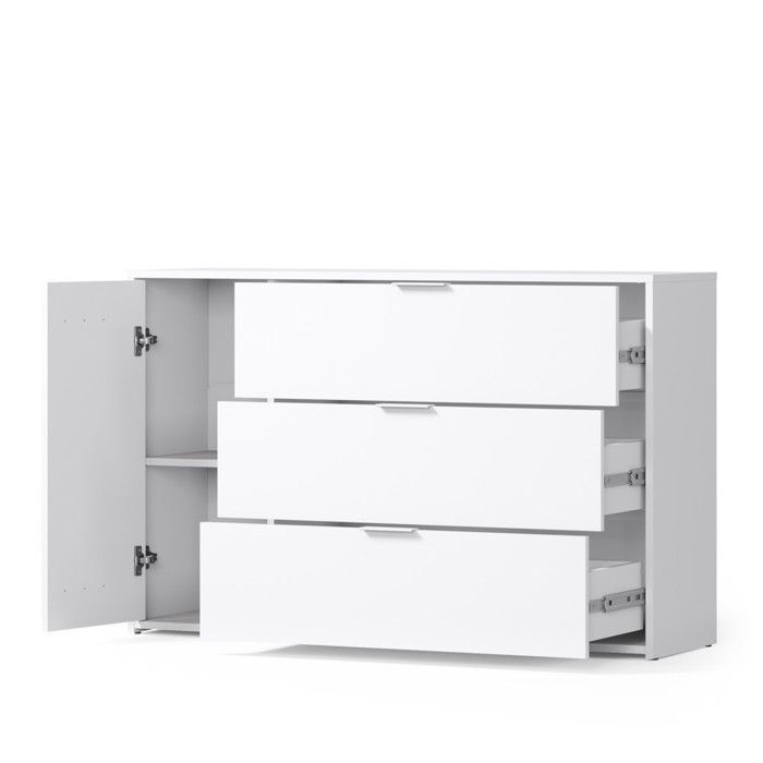 Chambre complète FLORENCE – Lit 160x200 + sommier + tiroirs + armoire + commode – Blanc et chêne