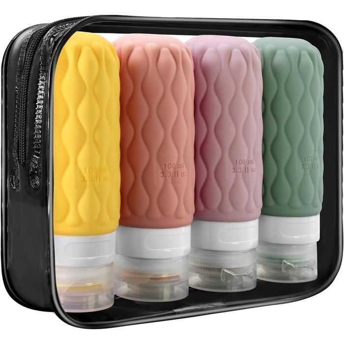 Set mit 4 Reiseflaschen für Toilettenartikel, 100 ml Silikon-Reiseflaschen mit Beutel