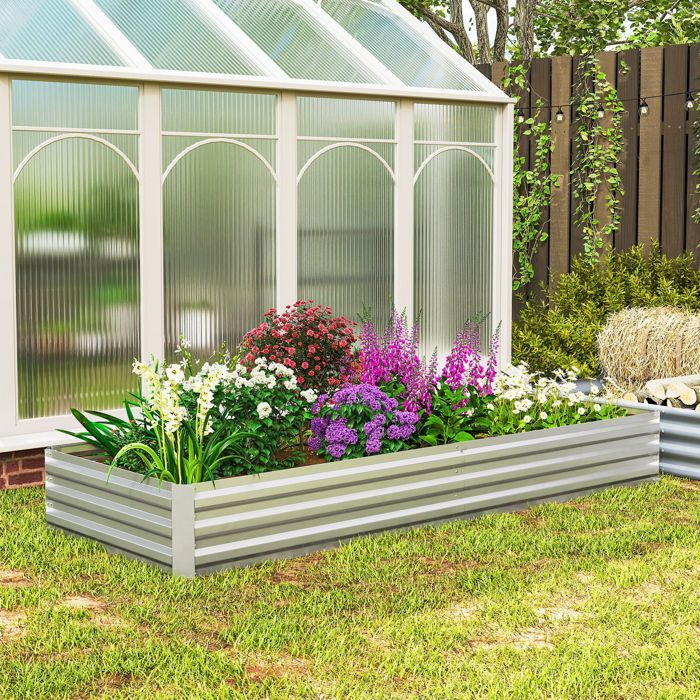 Huerto elevado para hortalizas - Outsunny - rectangular - 241 x 90,5 x 30 cm - chapa de acero corrugado - plata
