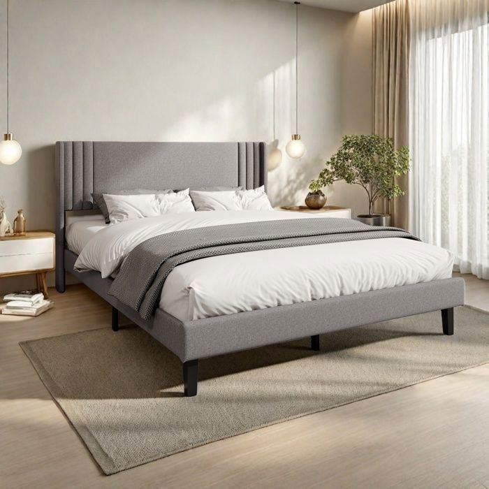 Tweepersoonsbed - Grijs linnen - 160x200 cm - Inclusief lattenbodem - Gestoffeerd hoofdeinde