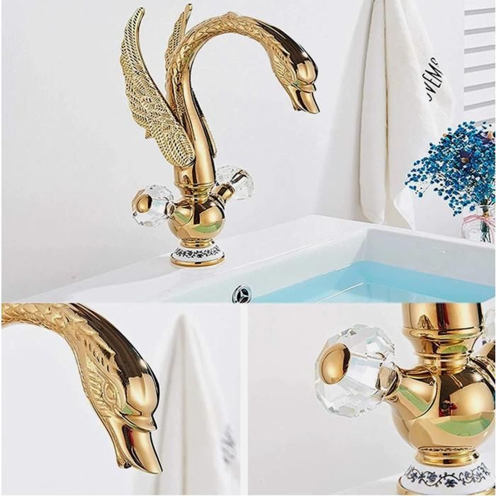 Robinet Lavabo Salle de Bain Doré Mitigeur de Lavabo en Laiton, Design en Forme d'oiseau, Mitigeur Salle de Bain Réglable Chaud