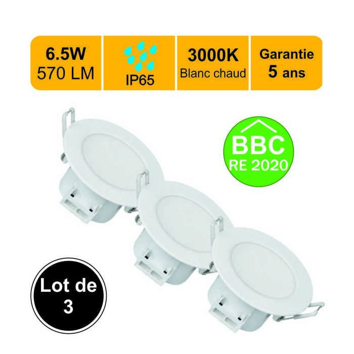 Set mit 3 LED-Einbaustrahlern, BBC (RT2012/RE2020) IP65 – ideal für Badezimmer – 6,5 W, 570 lm, 3000 K – 5 Jahre Garantie