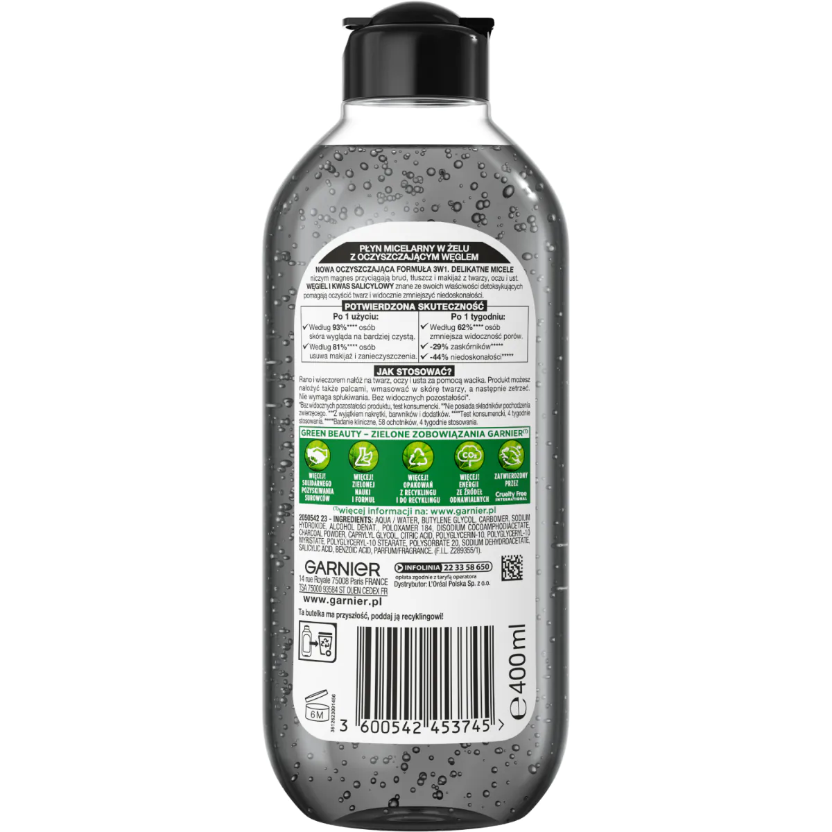 Garnier Skin Naturals Czysta Skóra Oczyszczający płyn micelarny w Żelu z Węglem i Kwasem Salicylowym