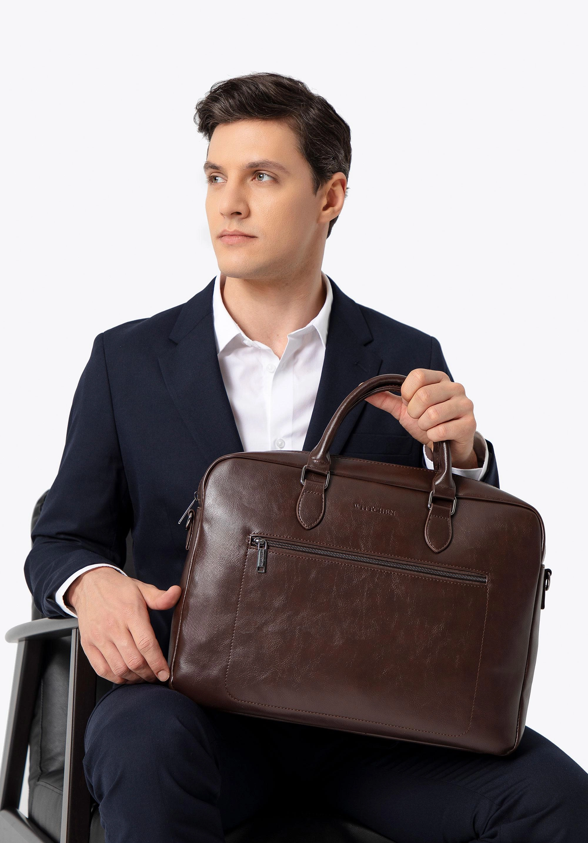 Męska torba na laptopa 16” z imitacji skóry ciemny brąz