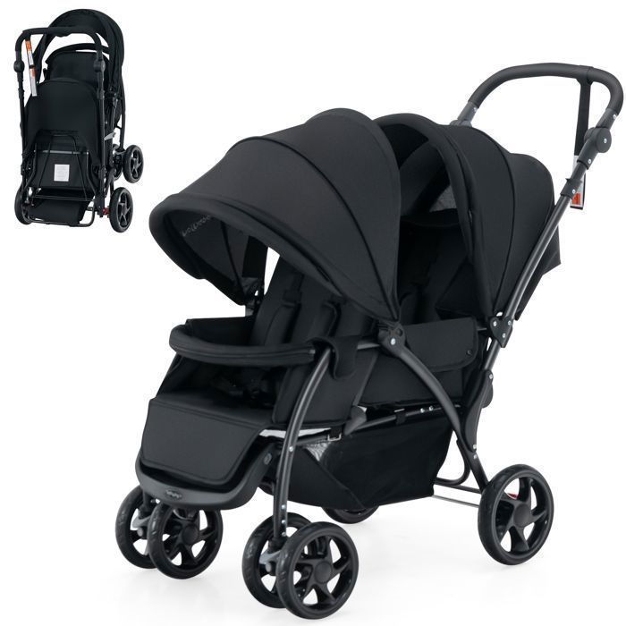 Cochecito doble plegable COSTWAY con capota ajustable, manillar, 4 ruedas con amortiguación, arnés de 5 puntos y capacidad de carga de 30 kg - Negro