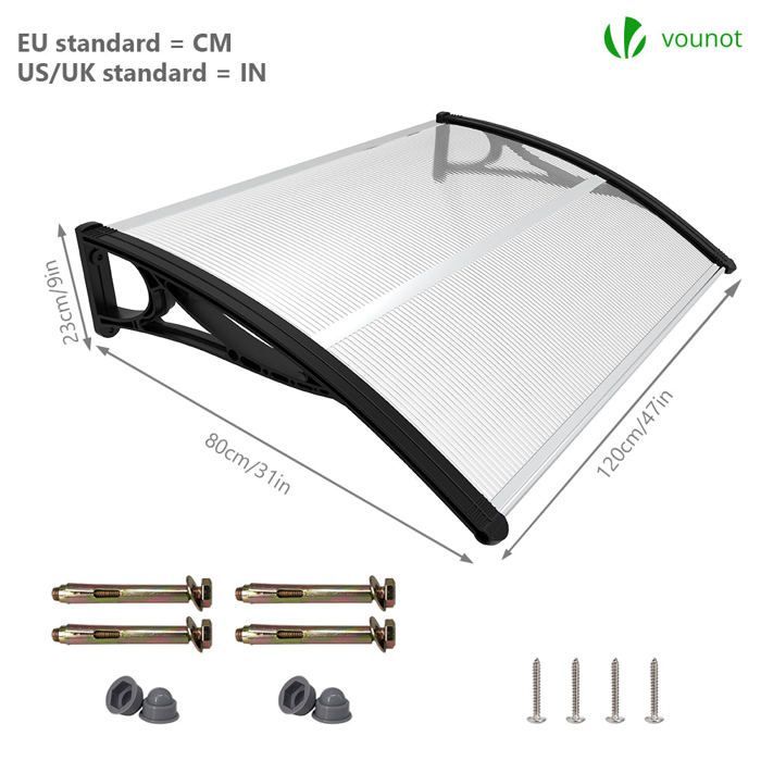 VOUNOT® Marquise auvent de porte d'entrée 120x80cm avec support central - Polycarbonate transparent - Anti-UV - Noir