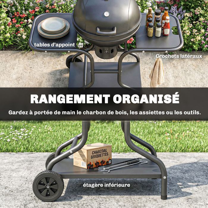 Barbecue rotondo a carbone - Outsunny - con coperchio, termometro, ripiani laterali, ripiano inferiore - 129 x 63,5 x 106,5 cm, nero