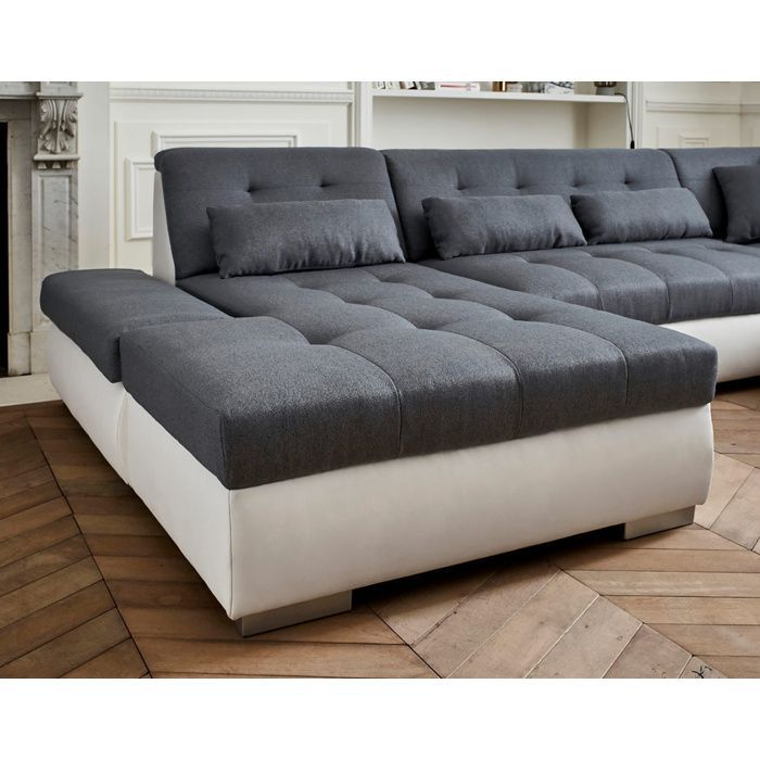 Vermont - Sofá panorámico de esquina derecha - 7 plazas - XXL - Blanco/Gris