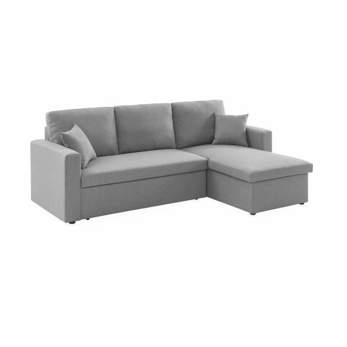 Sofá-cama de canto em tecido cinza claro - IDA - 3 lugares. Poltrona de canto reversível com compartimento de arrumação e cama modular.
